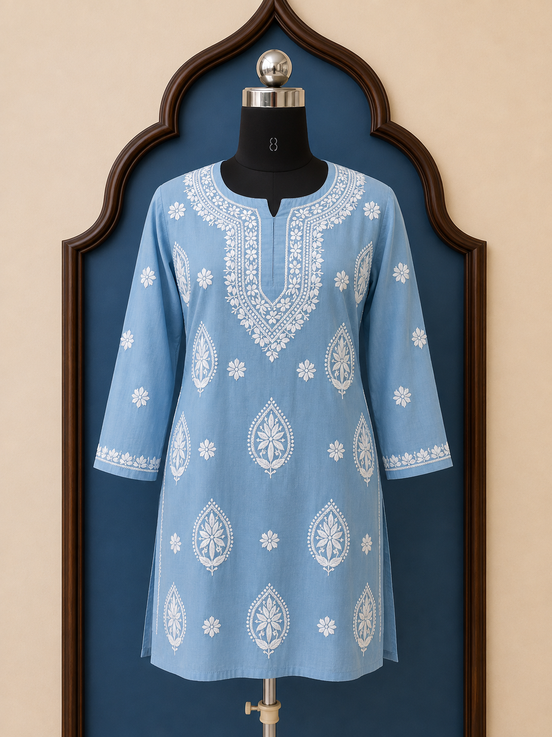 Pure Mul Chanderi Short Kurti with 3D Chikankari