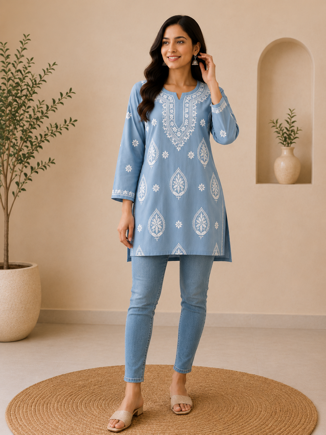 Pure Mul Chanderi Short Kurti with 3D Chikankari
