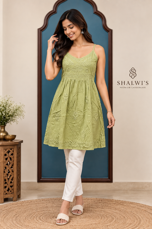 Rayon Noodle Strap Frock Kurti with Chikankari