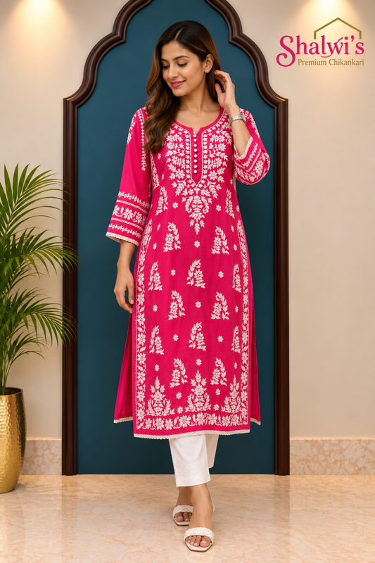 Pure Modal Long Kurti with Intricate Chikankari Handwork
