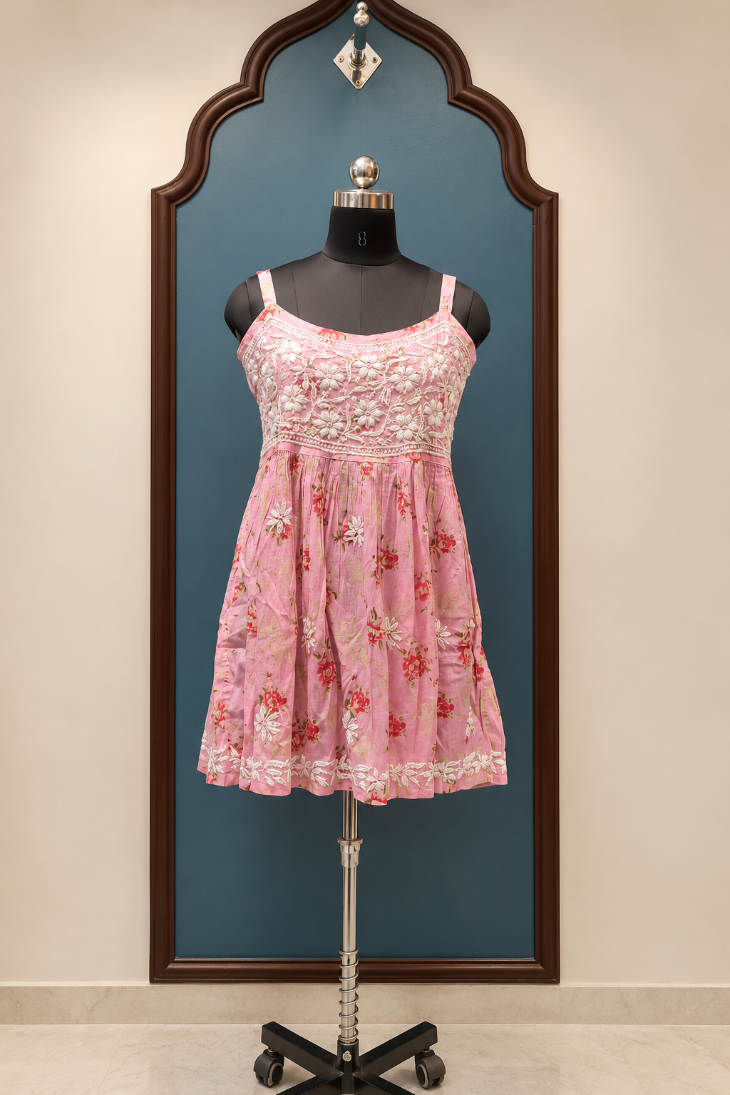 Mul Cotton Floral Print Noodle Strap Kurti with Chikankari