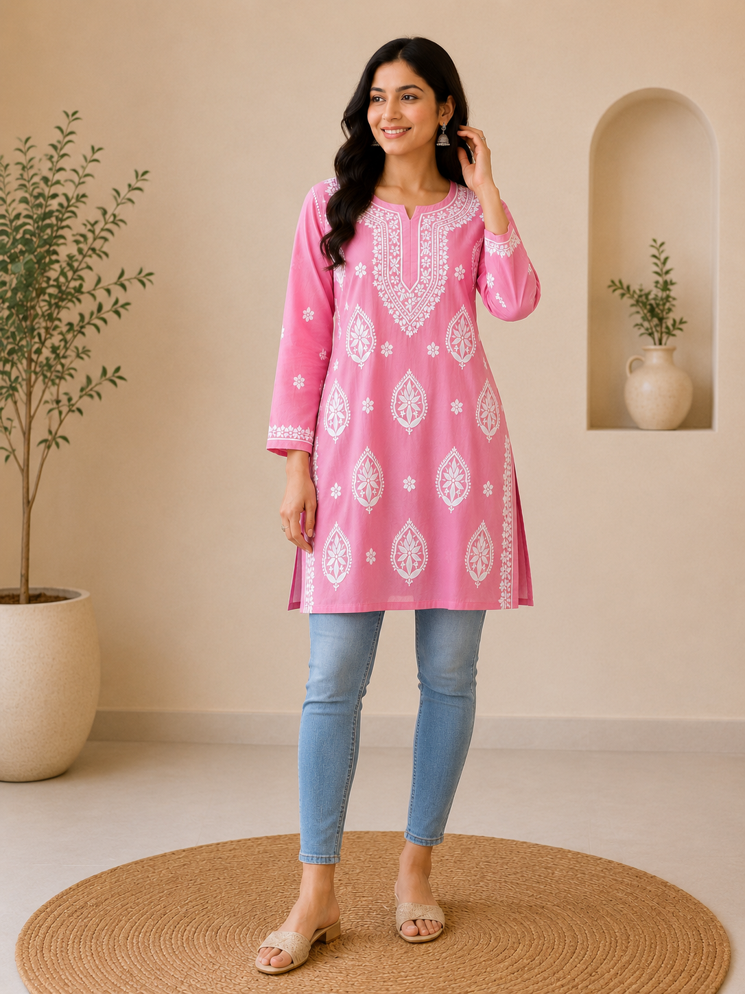 Pure Mul Chanderi Short Kurti with 3D Chikankari