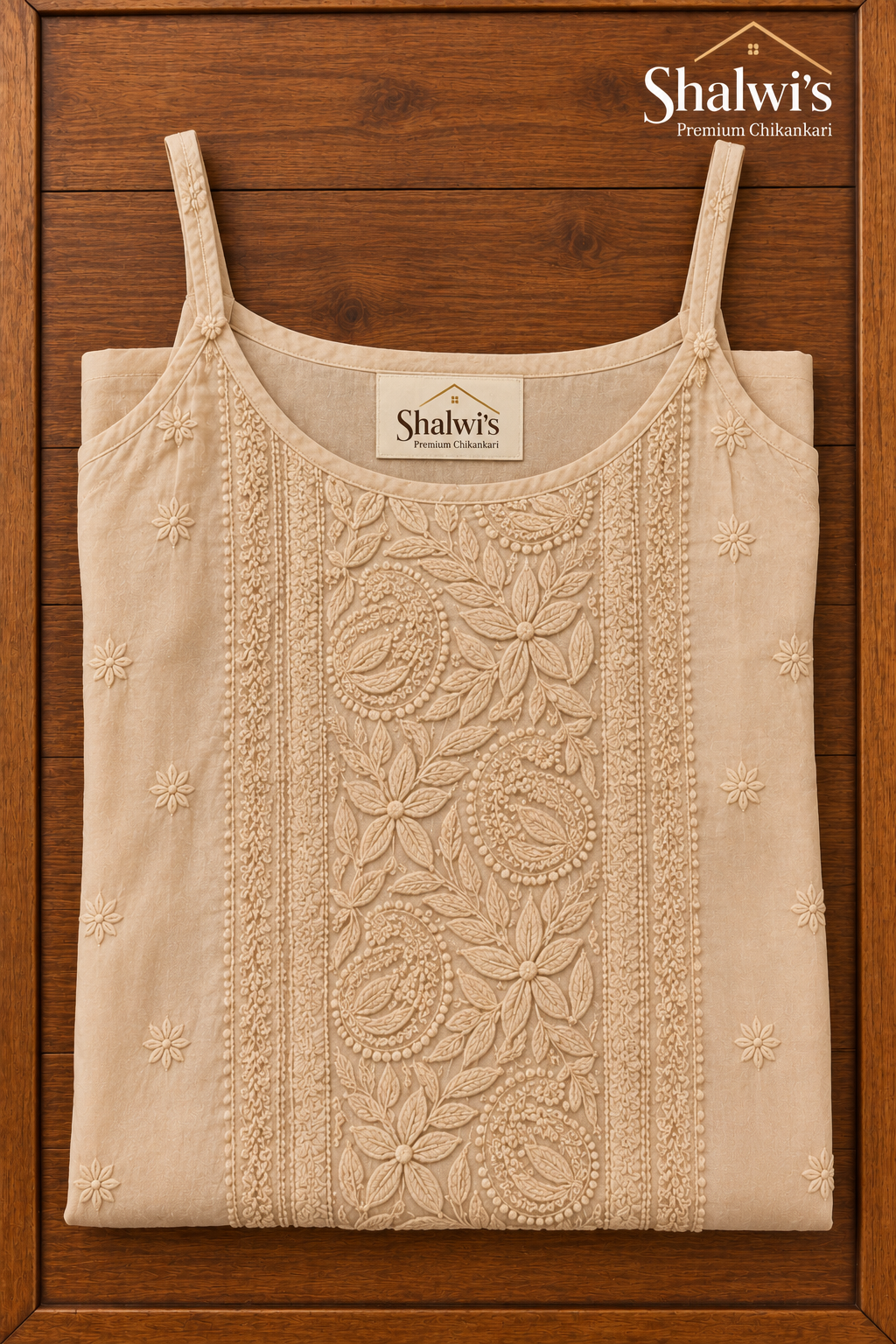 Pure Muslin Noodle Strap Co-ord Set with 3D Chikankari & Party-Wear Shrug