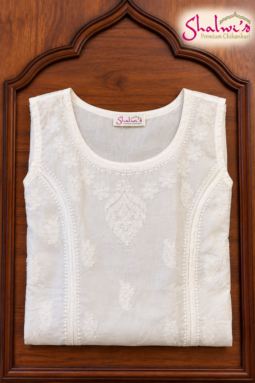 Pure Cotton Sleeveless Short Kurti with Bakhiya Chikankari