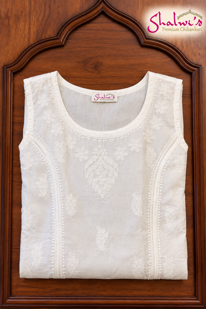 Pure Cotton Sleeveless Short Kurti with Bakhiya Chikankari