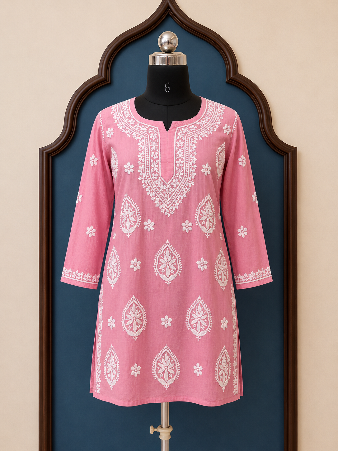 Pure Mul Chanderi Short Kurti with 3D Chikankari