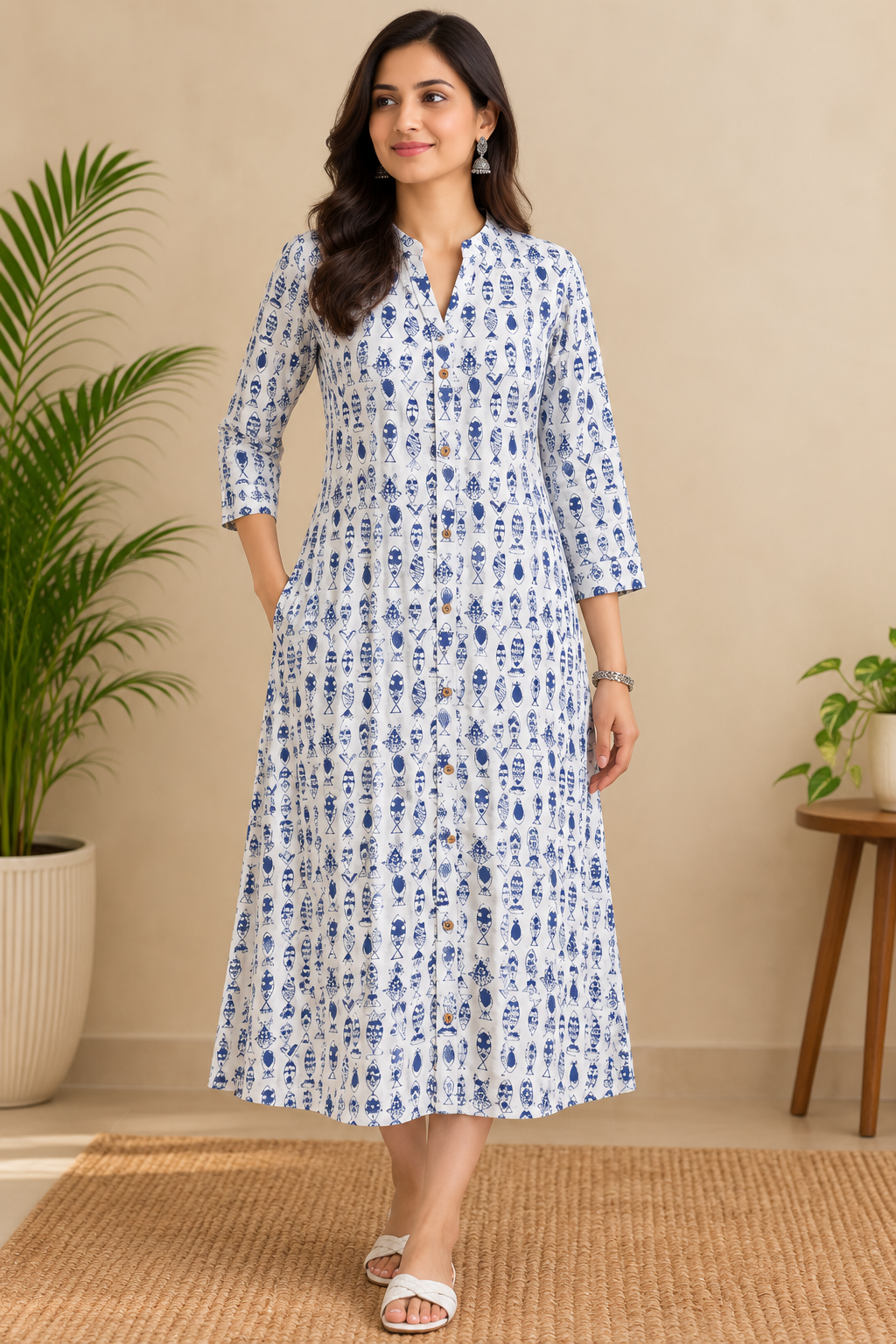 Pure Indigo Fish print Hand block One-Piece