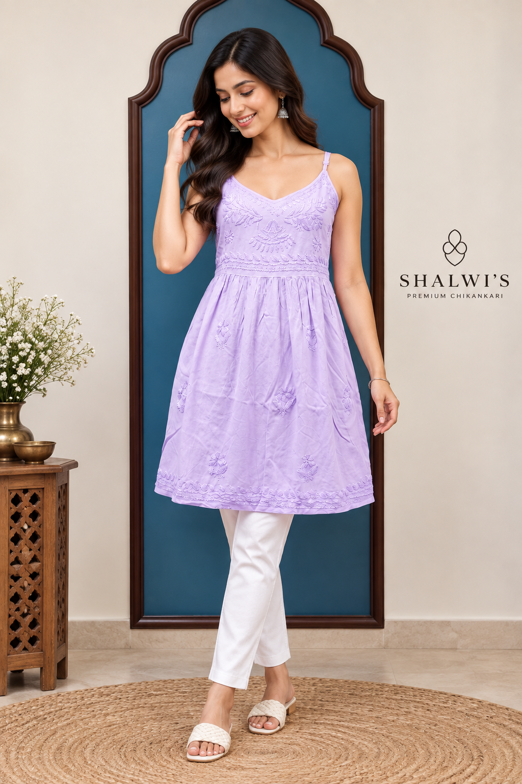 Rayon Noodle Strap Frock Kurti with Chikankari