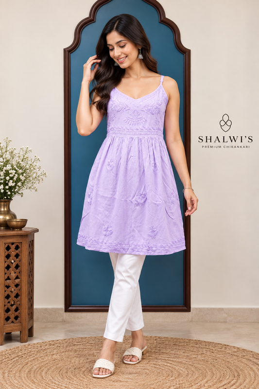 Rayon Noodle Strap Frock Kurti with Chikankari