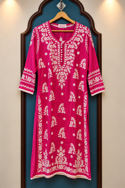 Pure Modal Long Kurti with Intricate Chikankari Handwork
