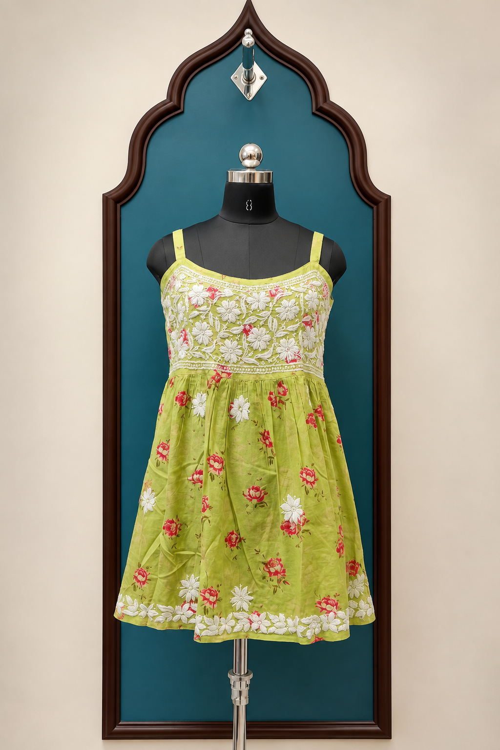 Mul Cotton Floral Print Noodle Strap Kurti with Chikankari