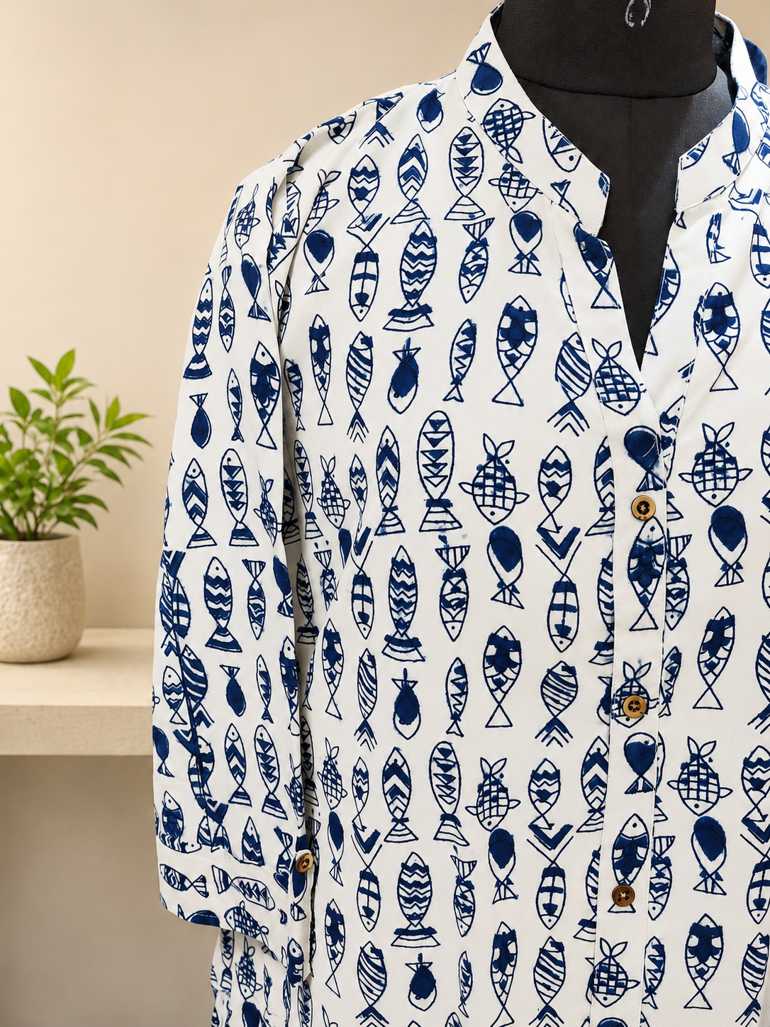 Pure Indigo Fish print Hand block One-Piece