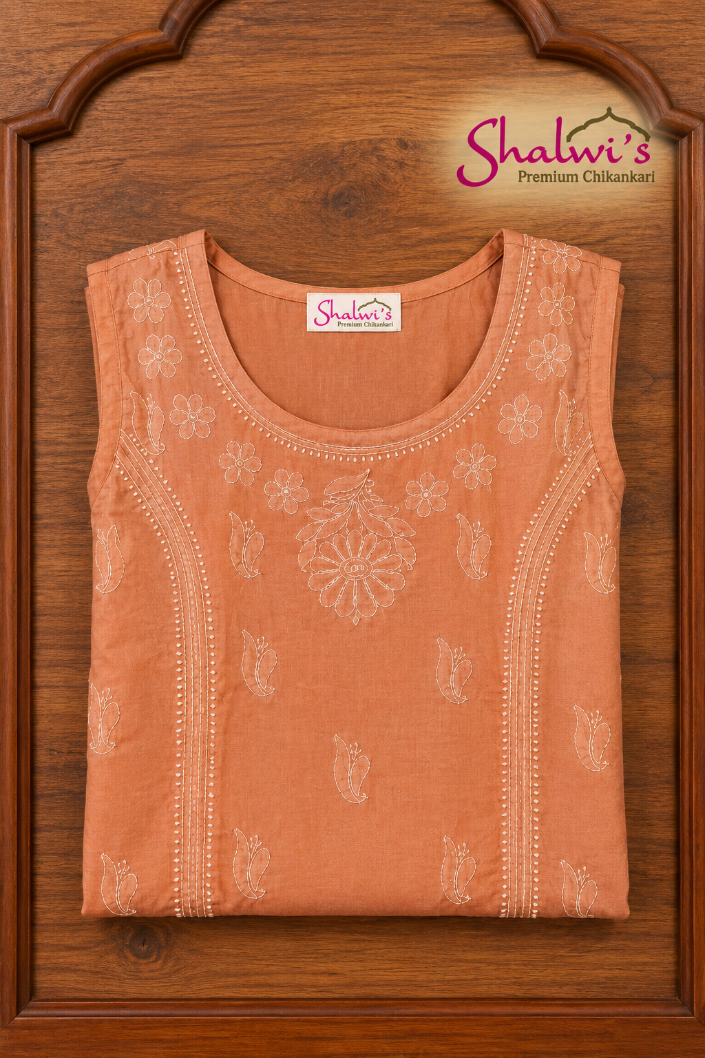 Pure Cotton Sleeveless Short Kurti with Bakhiya Chikankari