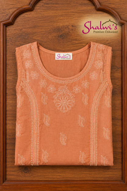 Pure Cotton Sleeveless Short Kurti with Bakhiya Chikankari