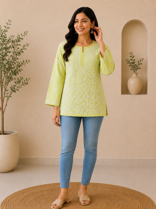 Cotton Voile Short Kurti with Chikankari Shadow Work