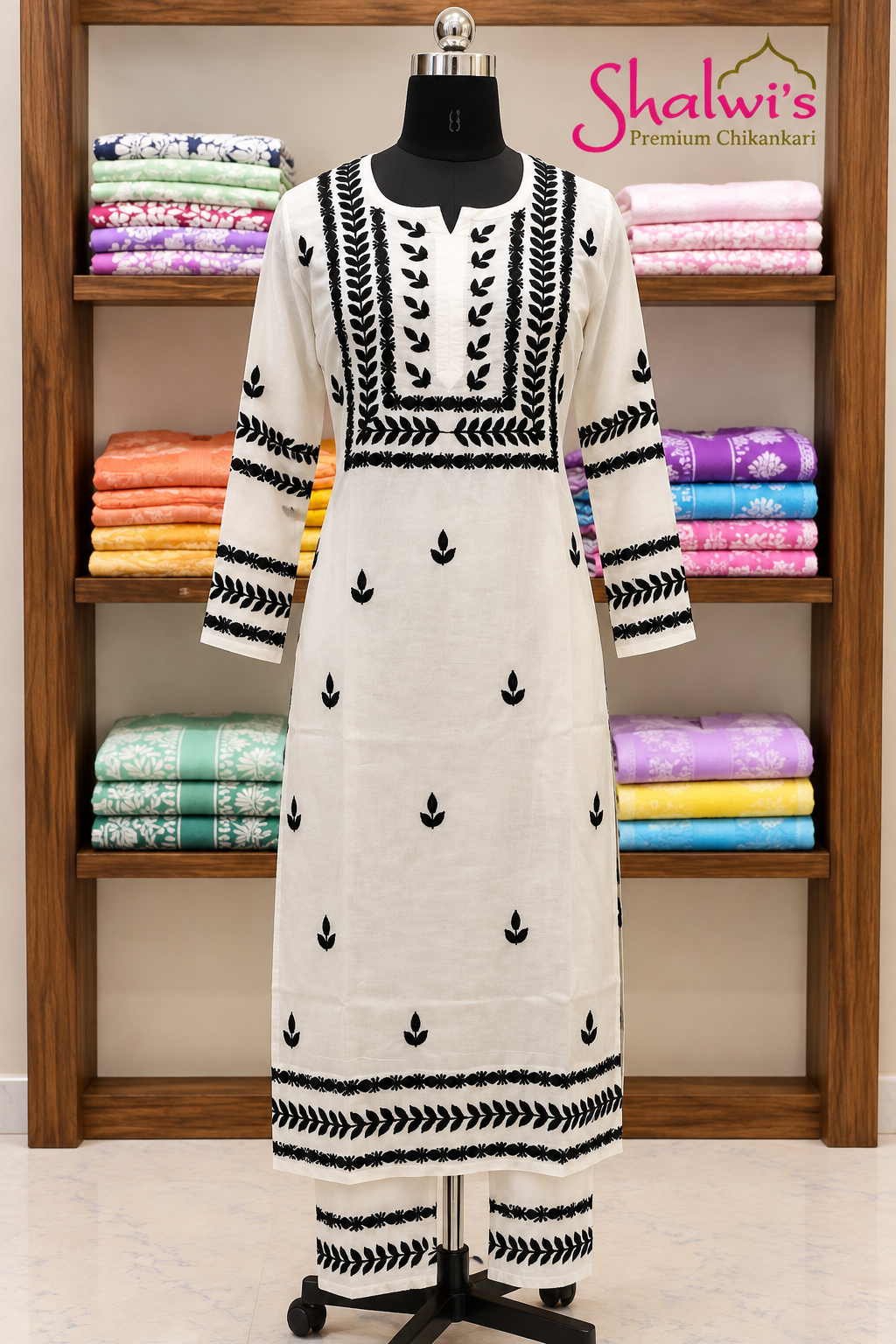 Pure Cotton White Co-ord Set with Black Chikankari Handwork