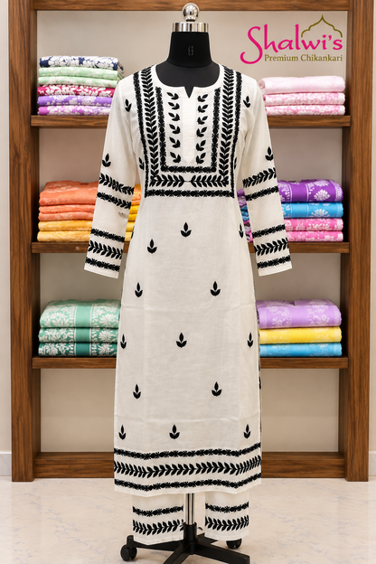 Pure Cotton White Co-ord Set with Black Chikankari Handwork