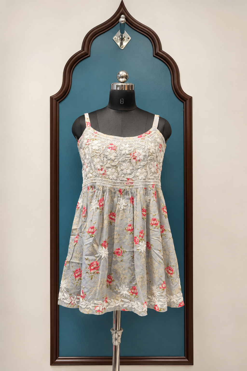 Mul Cotton Floral Print Noodle Strap Kurti with Chikankari