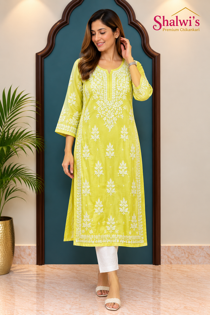 Pure Modal Satin Long Kurti with Detailed 3D Chikankari Handwork