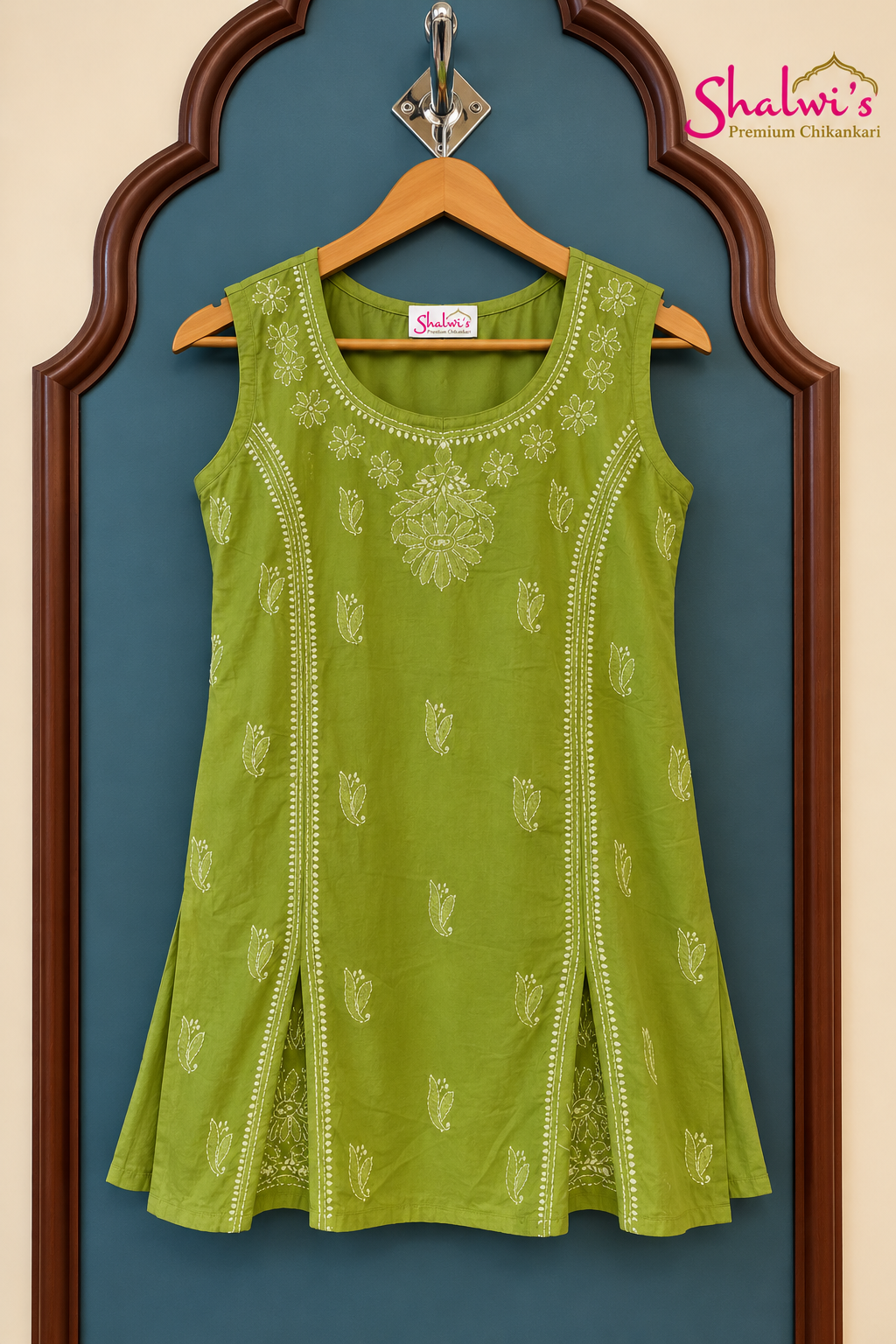 Pure Cotton Sleeveless Short Kurti with Bakhiya Chikankari