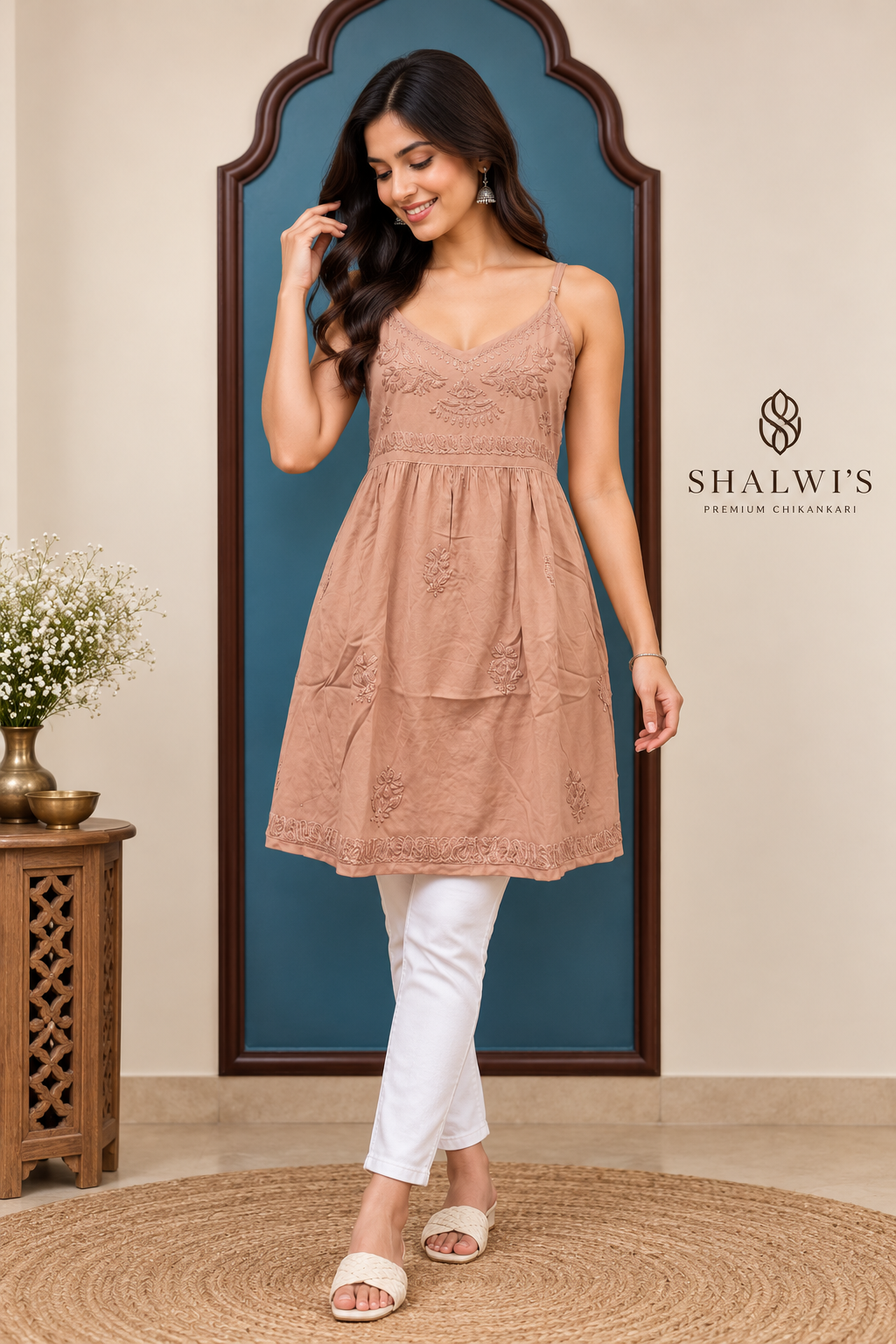 Rayon Noodle Strap Frock Kurti with Chikankari