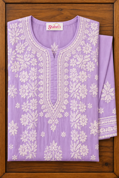 Pure Muslin Chikankari Long Kurti with Detailed 3D Handwork