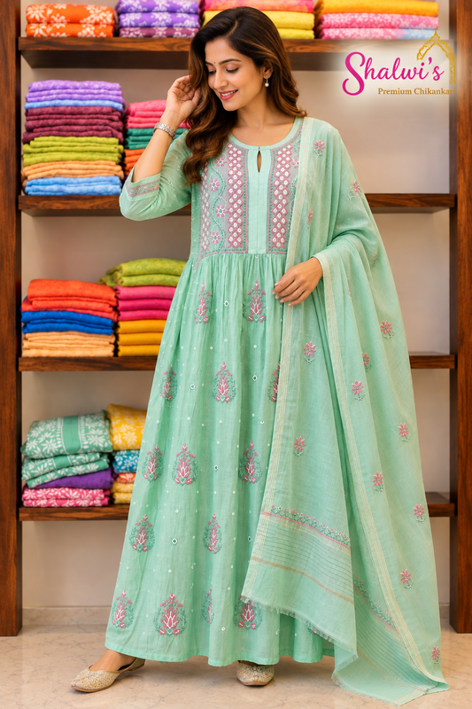 Pure Mul Chanderi Semi-Stitched Party Wear Gown