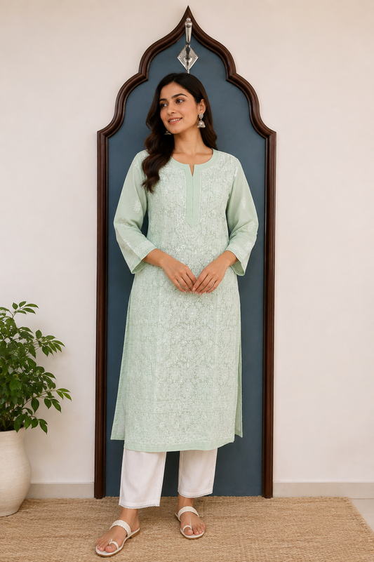 Cotton Voile Long Kurti with Chikankari Shadow Work
