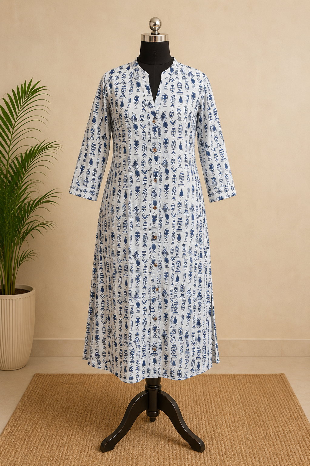 Pure Indigo Fish print Hand block One-Piece