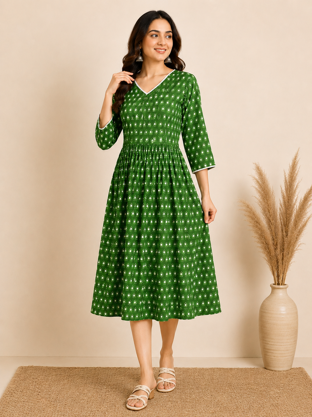 Pure Cotton Green Hand block Print One-Piece