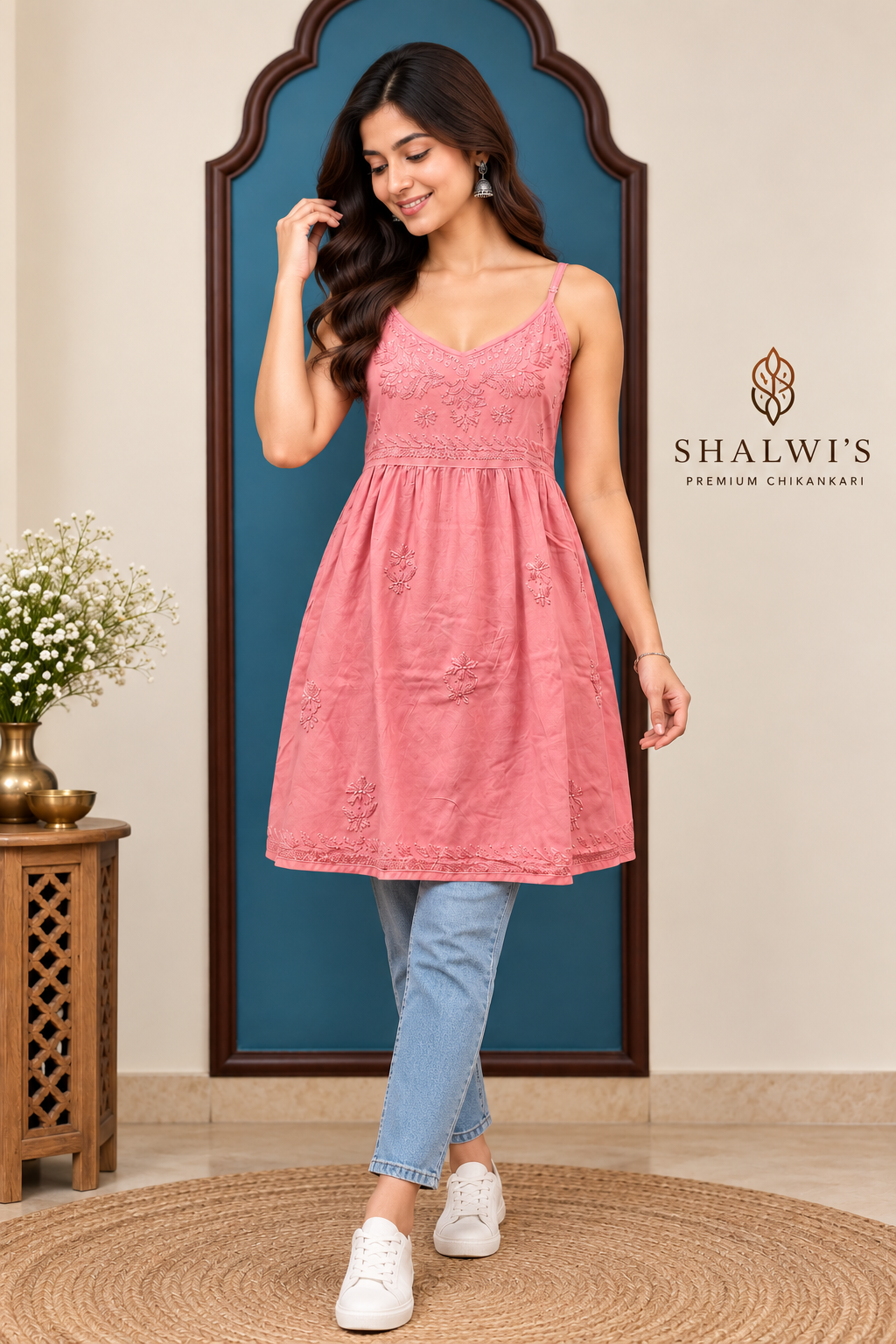Rayon Noodle Strap Frock Kurti with Chikankari