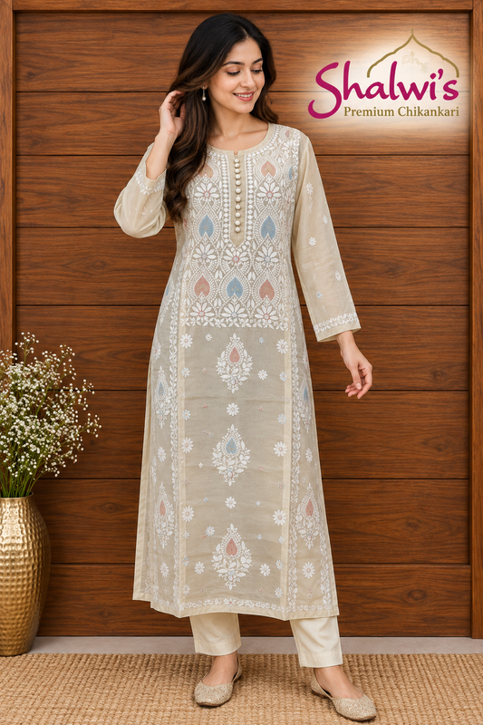 Pure Tissue Kurti with Intricate Chikankari & Cutdana Jaali Handwork
