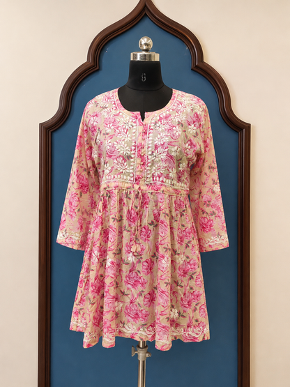 Mul Cotton Frock Style Short Kurti with Chikankari