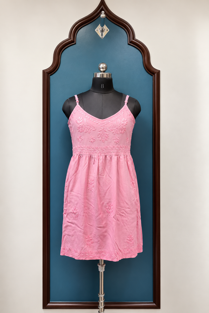 Rayon Noodle Strap Frock Kurti with Chikankari