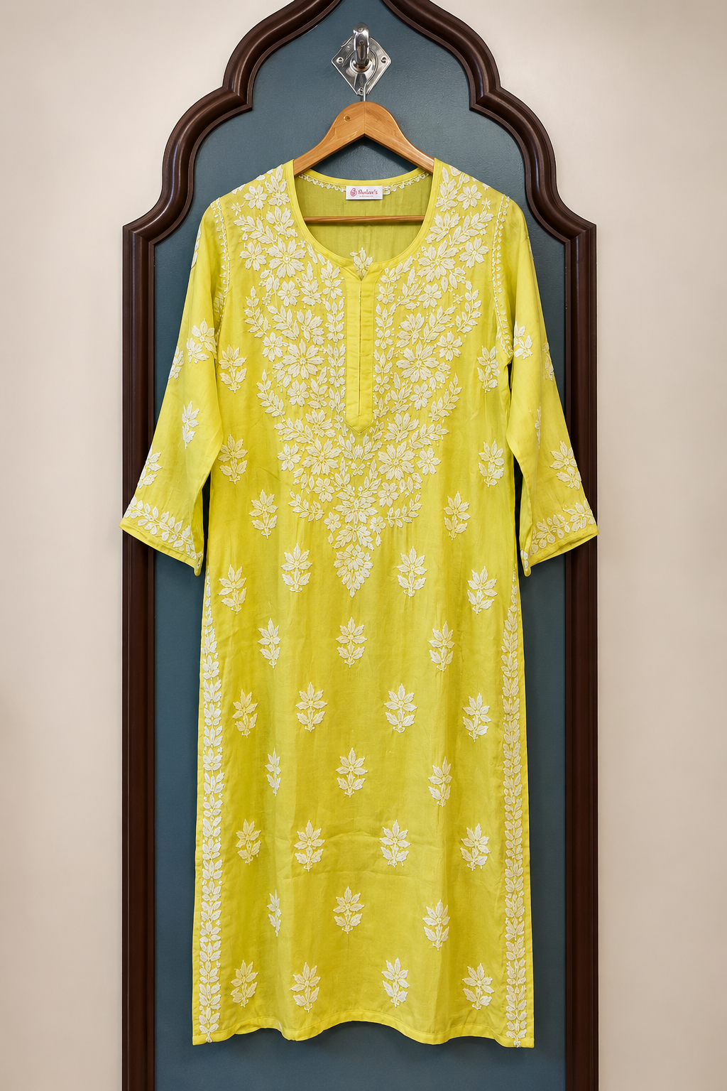 Pure Modal Satin Long Kurti with Detailed 3D Chikankari Handwork