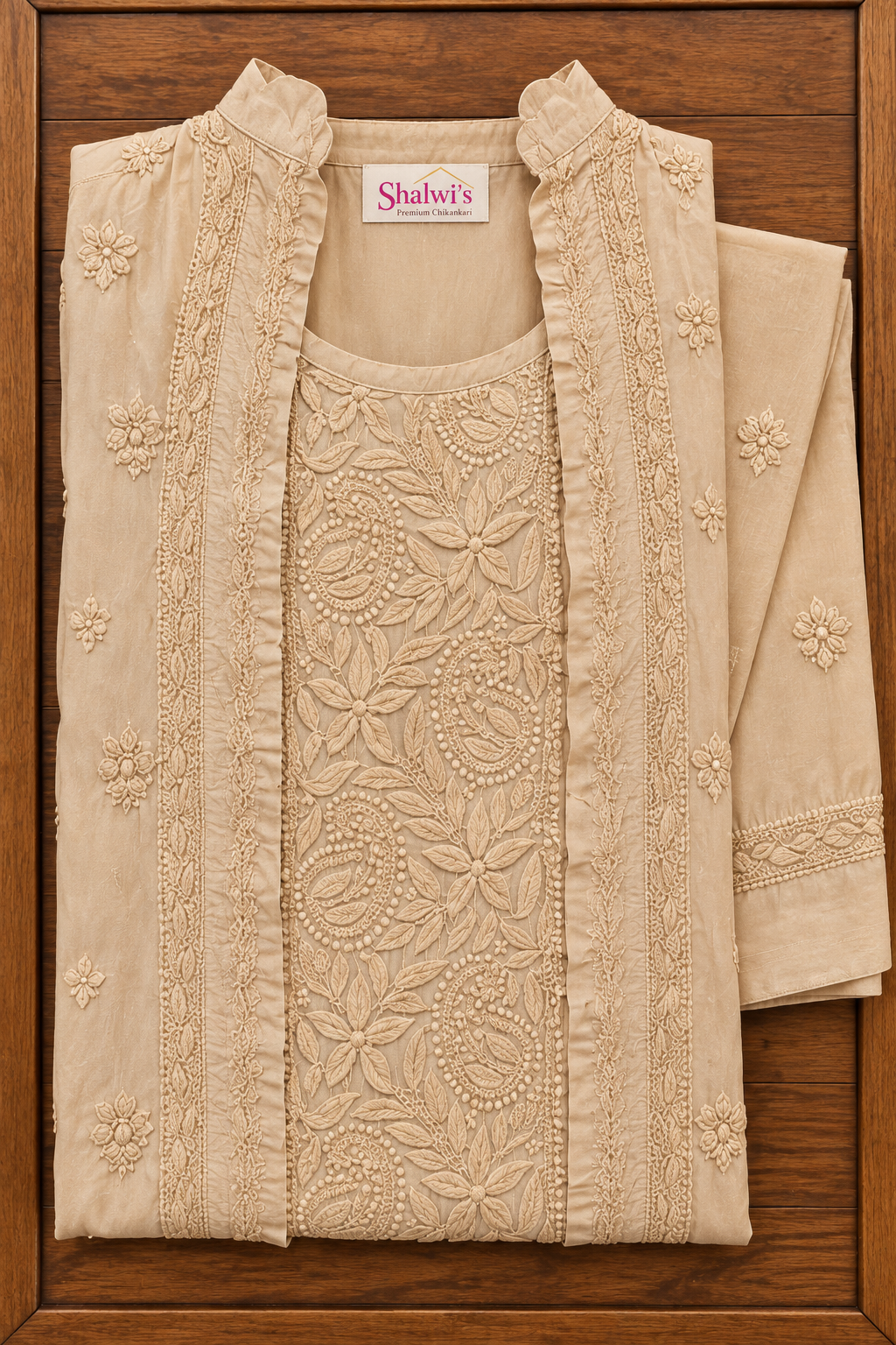 Pure Muslin Noodle Strap Co-ord Set with 3D Chikankari & Party-Wear Shrug