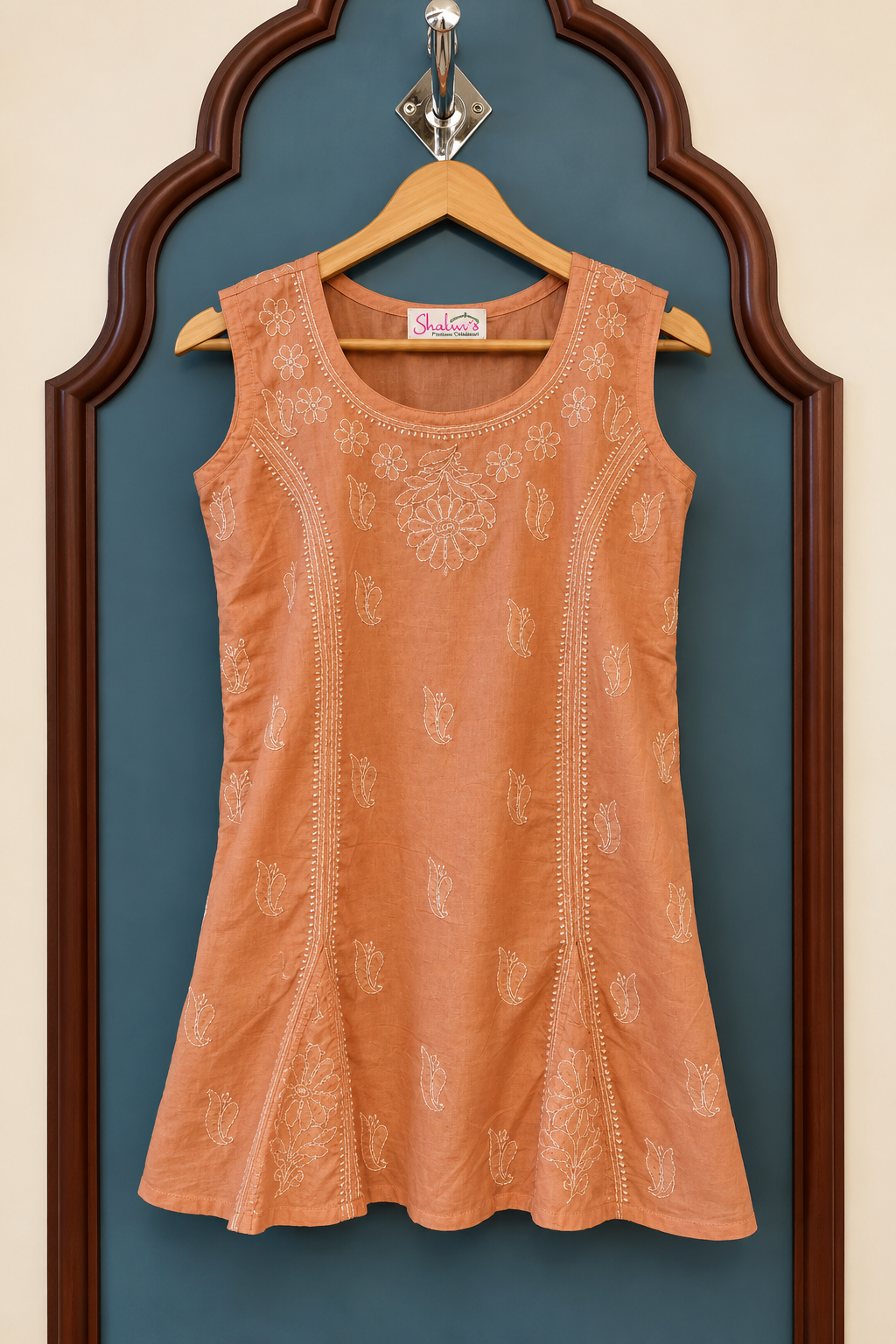 Pure Cotton Sleeveless Short Kurti with Bakhiya Chikankari