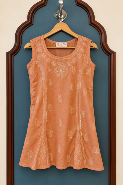 Pure Cotton Sleeveless Short Kurti with Bakhiya Chikankari