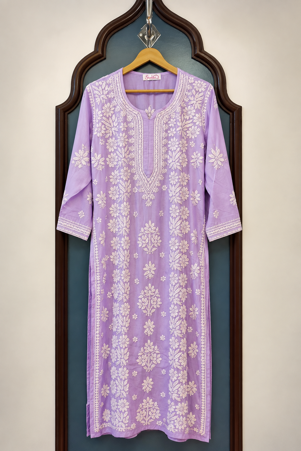 Pure Muslin Chikankari Long Kurti with Detailed 3D Handwork