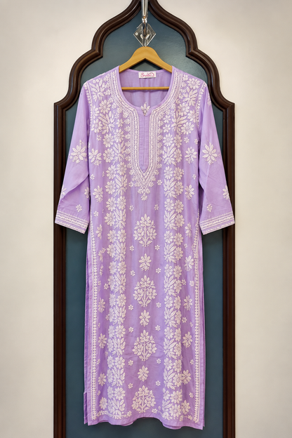 Pure Muslin Chikankari Long Kurti with Detailed 3D Handwork