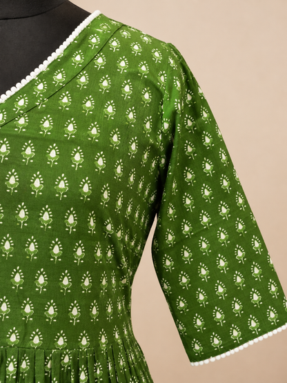 Pure Cotton Green Hand block Print One-Piece