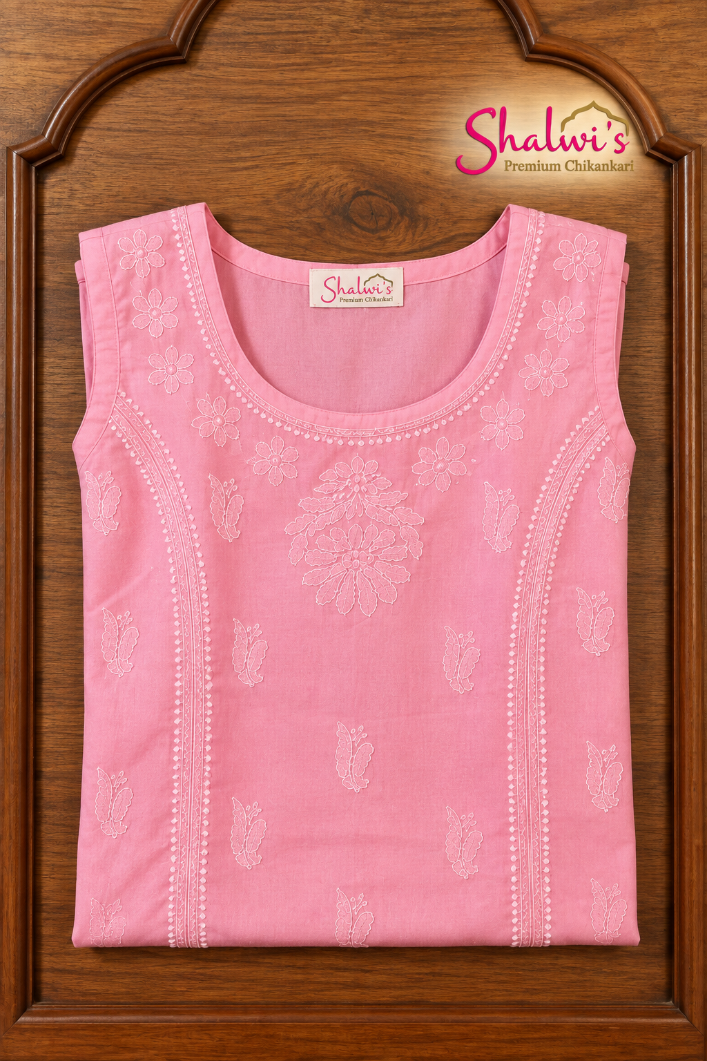 Pure Cotton Sleeveless Short Kurti with Bakhiya Chikankari