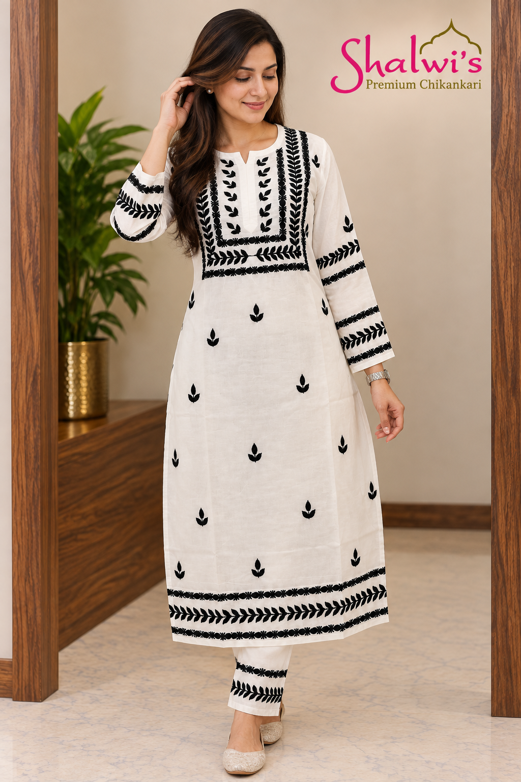 Pure Cotton White Co-ord Set with Black Chikankari Handwork