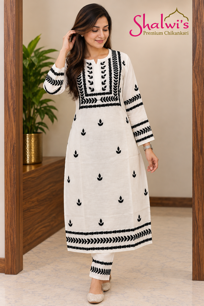 Pure Cotton White Co-ord Set with Black Chikankari Handwork