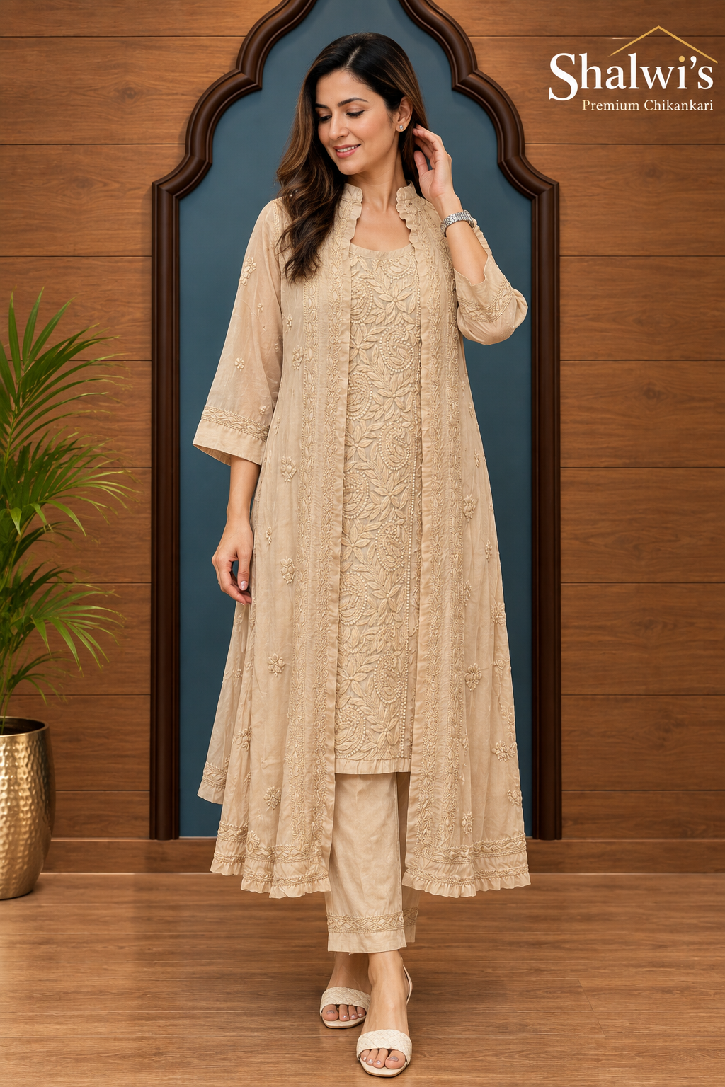 Pure Muslin Noodle Strap Co-ord Set with 3D Chikankari & Party-Wear Shrug