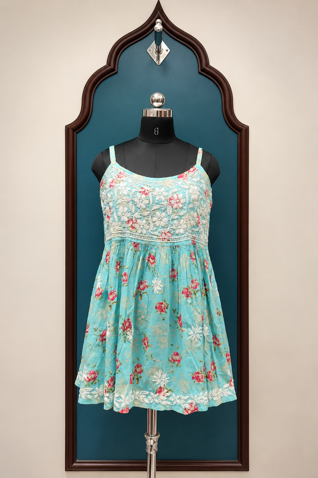 Mul Cotton Floral Print Noodle Strap Kurti with Chikankari