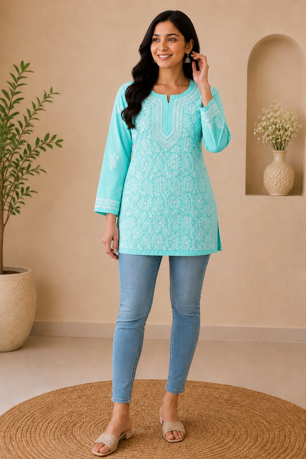 Cotton Voile Short Kurti with Chikankari Shadow Work
