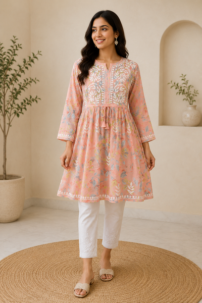 Mul Cotton Frock Style Short Kurti with Chikankari