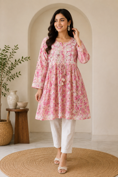 Mul Cotton Frock Style Short Kurti with Chikankari