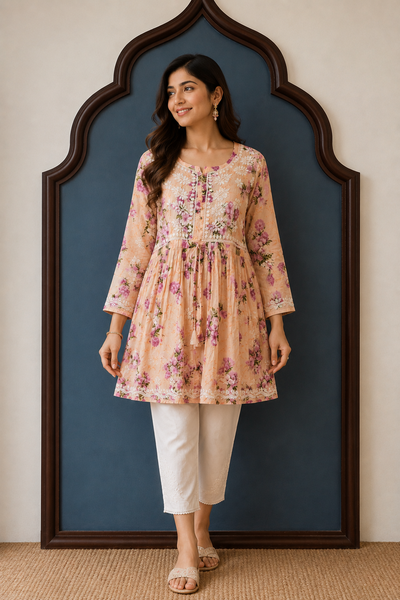 Mul Cotton Frock Style Short Kurti with Chikankari